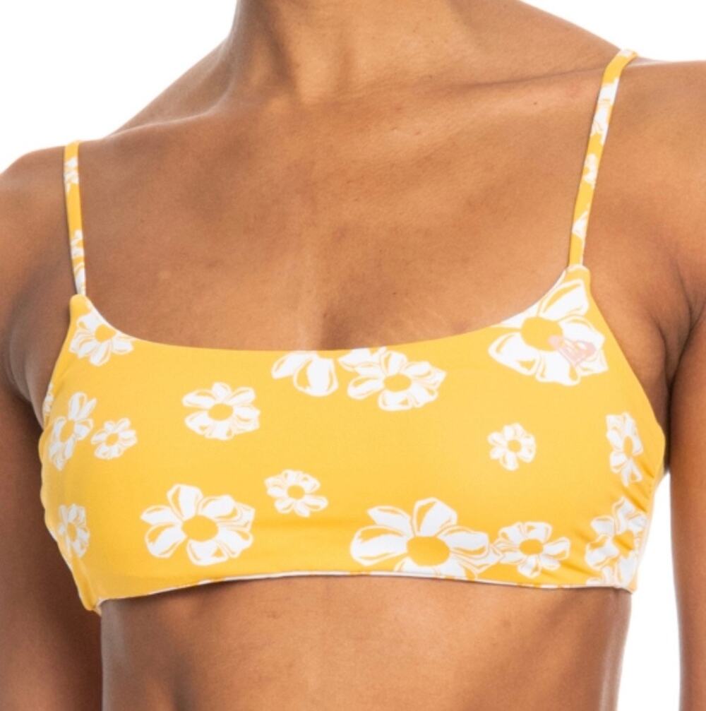 Roxy Flower Lover Reversible Bralette Bikini Top Yellow White L  NWT